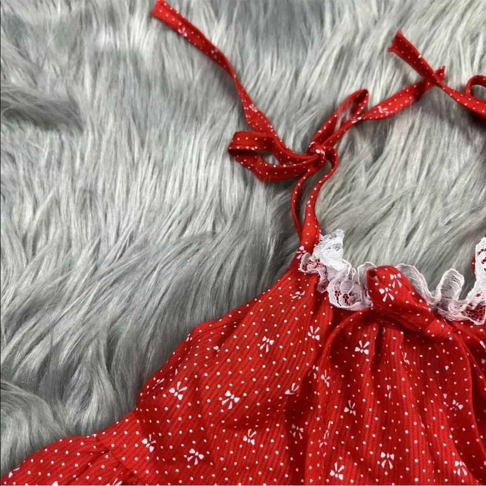 Vintage Baby Girls Red White Floral Lace Ruffle Shoulder Tie Sun Dress